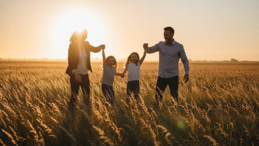 An authentic family photography Lang Lang Victoria moment: a young family, parents embracing their two children at golden hour in a sun-drenched field near Lang Lang, Victoria, laughter and joy evident on their faces.