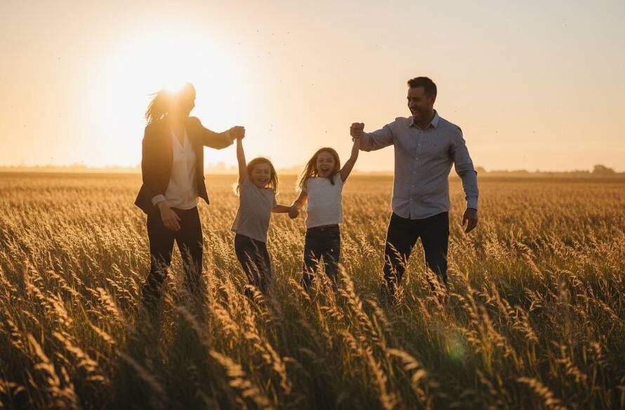 An authentic family photography Lang Lang Victoria moment: a young family, parents embracing their two children at golden hour in a sun-drenched field near Lang Lang, Victoria, laughter and joy evident on their faces.
