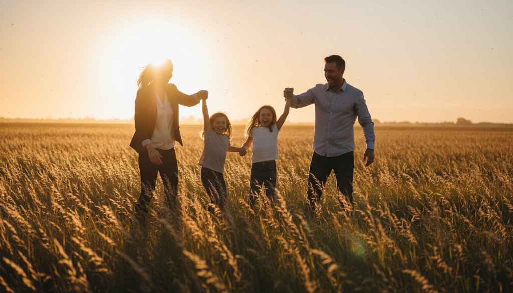 An authentic family photography Lang Lang Victoria moment: a young family, parents embracing their two children at golden hour in a sun-drenched field near Lang Lang, Victoria, laughter and joy evident on their faces.