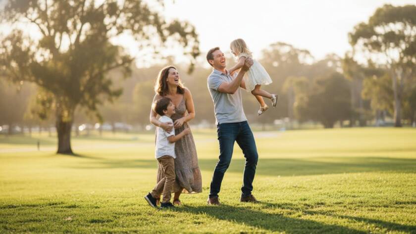 A vibrant, wide-angle shot of a family laughing genuinely together amidst the lush green landscapes of a Lyndhurst park, bathed in warm golden hour light, perfectly encapsulating authentic family photography Lyndhurst capturing genuine joy, with children running towards parents, their faces full of pure happiness and connection, professionally color-graded with a cinematic feel.