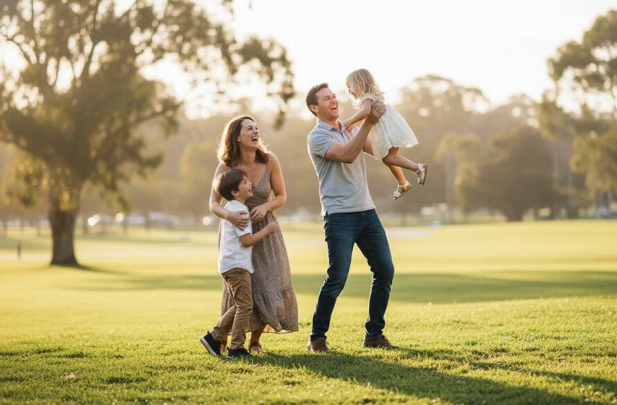 A vibrant, wide-angle shot of a family laughing genuinely together amidst the lush green landscapes of a Lyndhurst park, bathed in warm golden hour light, perfectly encapsulating authentic family photography Lyndhurst capturing genuine joy, with children running towards parents, their faces full of pure happiness and connection, professionally color-graded with a cinematic feel.