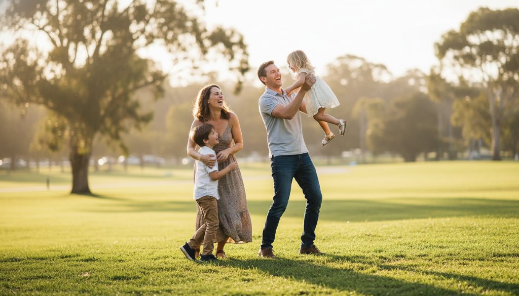 A vibrant, wide-angle shot of a family laughing genuinely together amidst the lush green landscapes of a Lyndhurst park, bathed in warm golden hour light, perfectly encapsulating authentic family photography Lyndhurst capturing genuine joy, with children running towards parents, their faces full of pure happiness and connection, professionally color-graded with a cinematic feel.