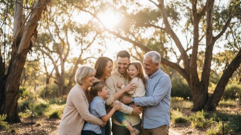 An authentic family photography Melton Botanic Garden captures a family laughing joyously as the golden hour sun streams through the trees, creating a warm, cinematic glow.