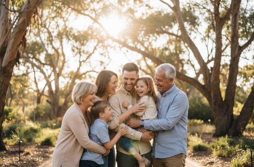 An authentic family photography Melton Botanic Garden captures a family laughing joyously as the golden hour sun streams through the trees, creating a warm, cinematic glow.