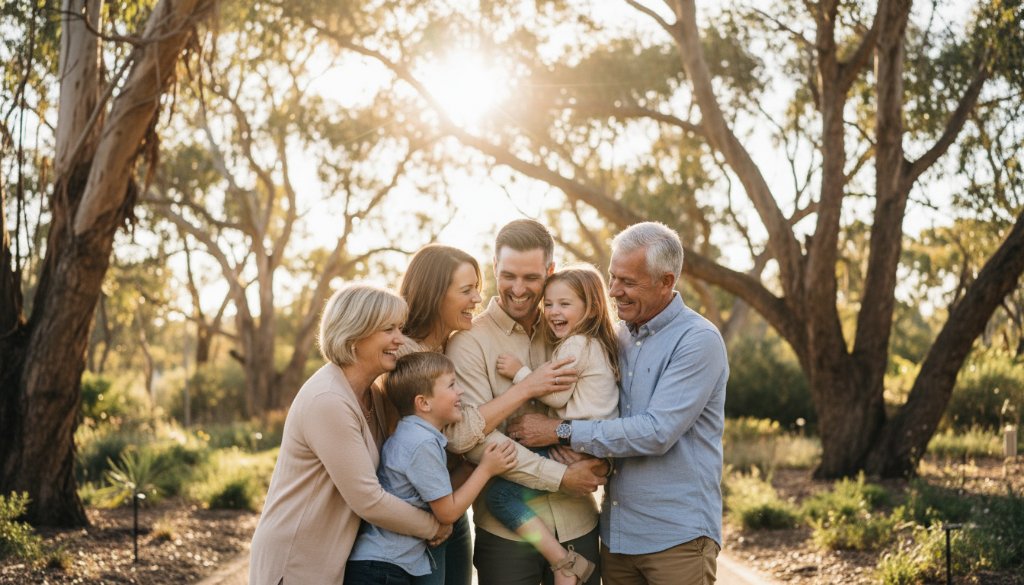 An authentic family photography Melton Botanic Garden captures a family laughing joyously as the golden hour sun streams through the trees, creating a warm, cinematic glow.