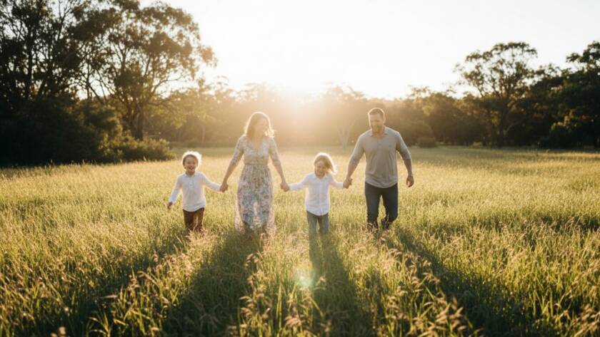 A vibrant, professionally colour-graded photograph capturing authentic family photography moments Blackburn South, featuring a family laughing joyously amidst the lush greenery of Blackburn Lake Sanctuary at golden hour, with dramatic sun flare creating a warm, cinematic glow.