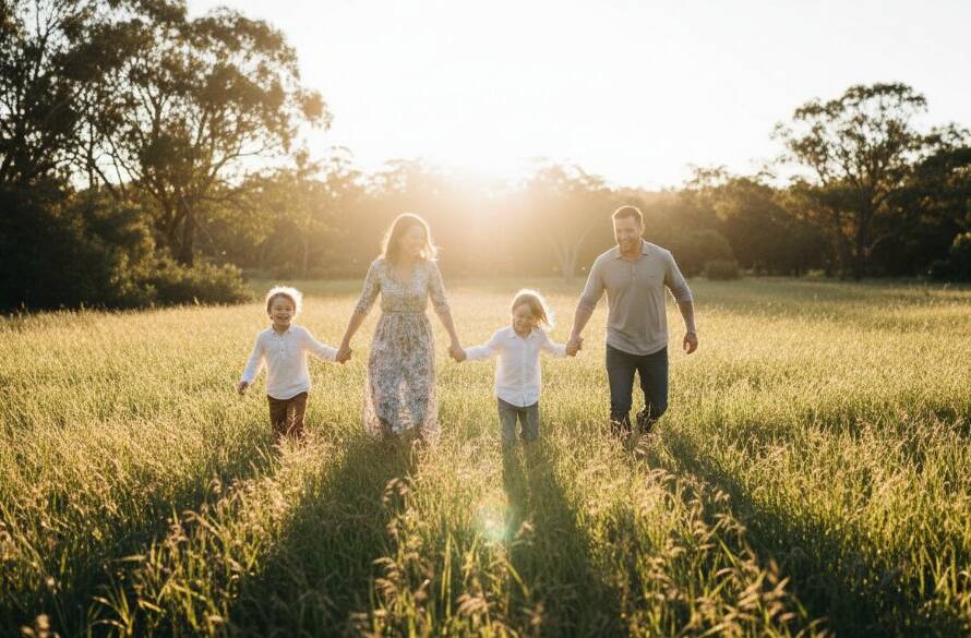 A vibrant, professionally colour-graded photograph capturing authentic family photography moments Blackburn South, featuring a family laughing joyously amidst the lush greenery of Blackburn Lake Sanctuary at golden hour, with dramatic sun flare creating a warm, cinematic glow.