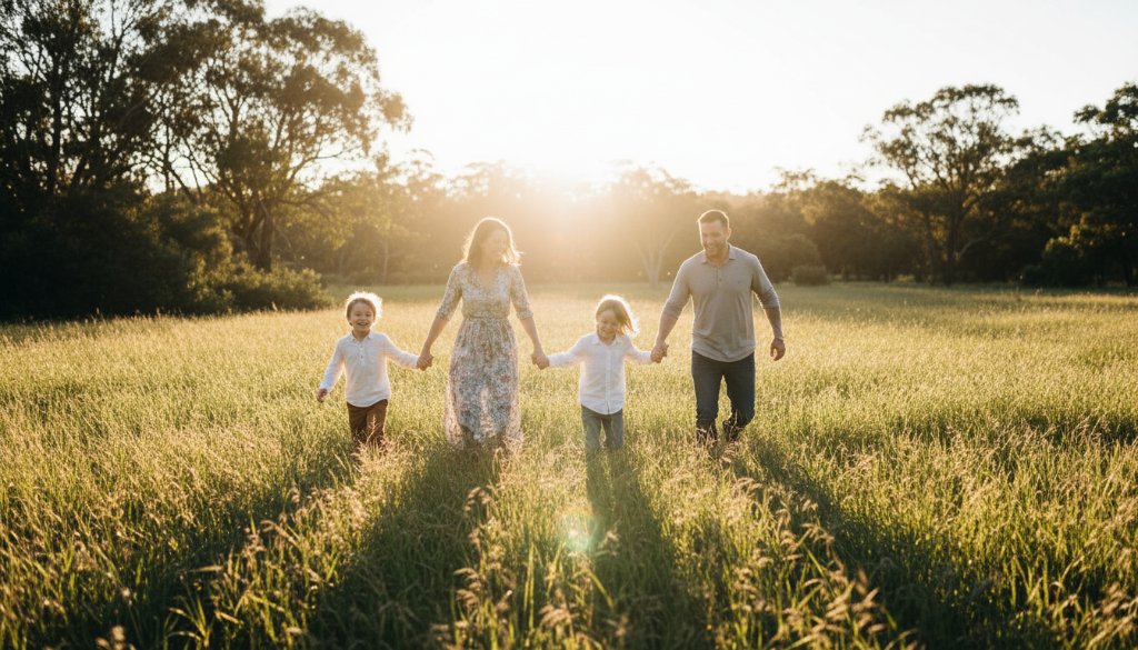 A vibrant, professionally colour-graded photograph capturing authentic family photography moments Blackburn South, featuring a family laughing joyously amidst the lush greenery of Blackburn Lake Sanctuary at golden hour, with dramatic sun flare creating a warm, cinematic glow.