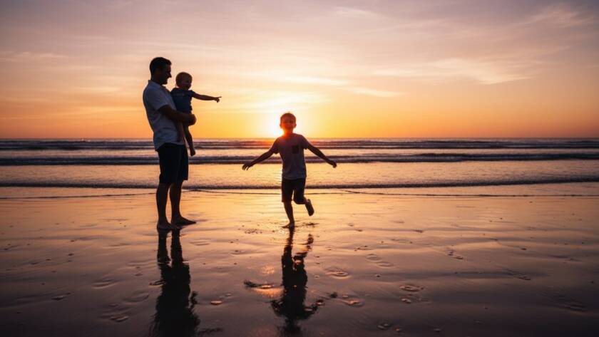 An epic moment of authentic family photography moments Carrum beach at sunset, with a child joyfully running towards the ocean while parents embrace, silhouetted against a golden sky, captured with dramatic lighting and professional colour grading.