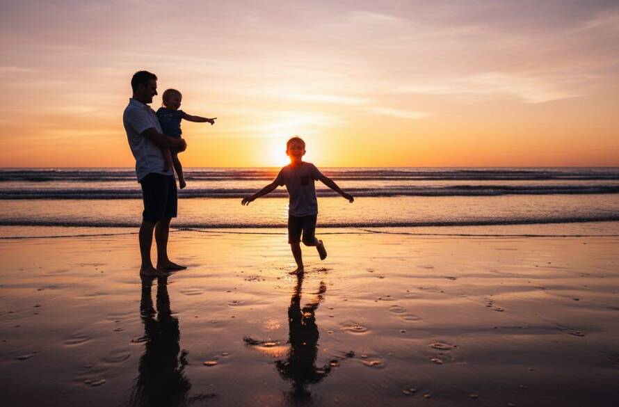An epic moment of authentic family photography moments Carrum beach at sunset, with a child joyfully running towards the ocean while parents embrace, silhouetted against a golden sky, captured with dramatic lighting and professional colour grading.