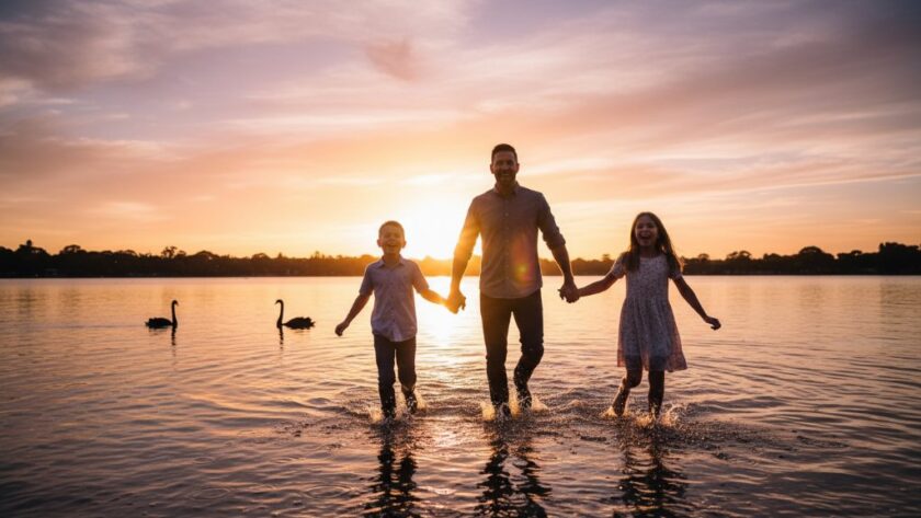 A heartwarming, epic moment captured through authentic family photography moments Wendouree Victoria, showing a family laughing joyfully by Lake Wendouree at sunset, with golden light illuminating their faces and the iconic black swans in the background, professionally color-graded.