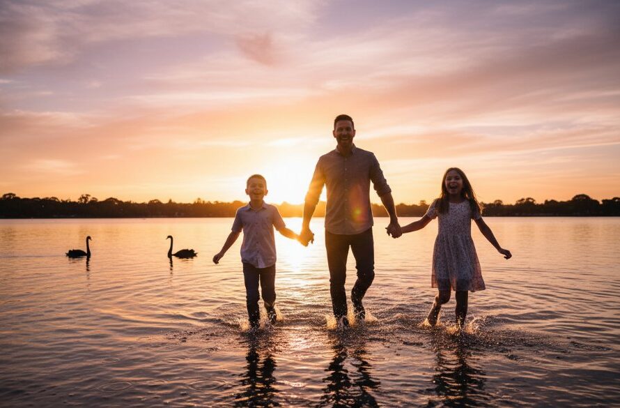 A heartwarming, epic moment captured through authentic family photography moments Wendouree Victoria, showing a family laughing joyfully by Lake Wendouree at sunset, with golden light illuminating their faces and the iconic black swans in the background, professionally color-graded.