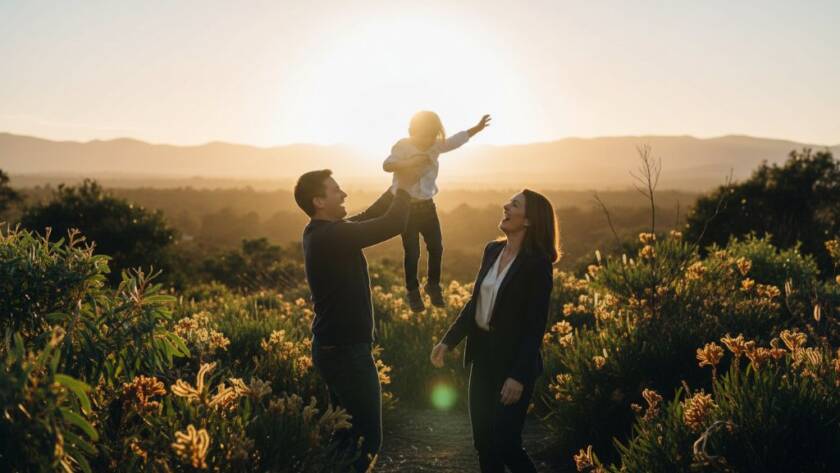 Authentic family photography Rowville Victoria capturing a joyous family moment at sunset, parents lifting their laughing child high, with the Dandenong Ranges in the soft focus background, professionally color-graded.