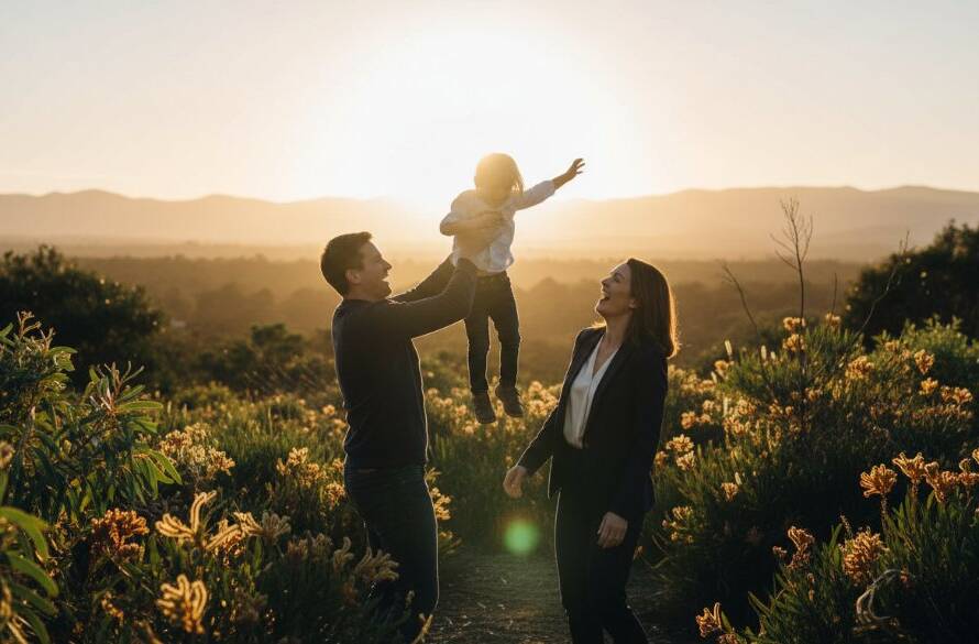 Authentic family photography Rowville Victoria capturing a joyous family moment at sunset, parents lifting their laughing child high, with the Dandenong Ranges in the soft focus background, professionally color-graded.