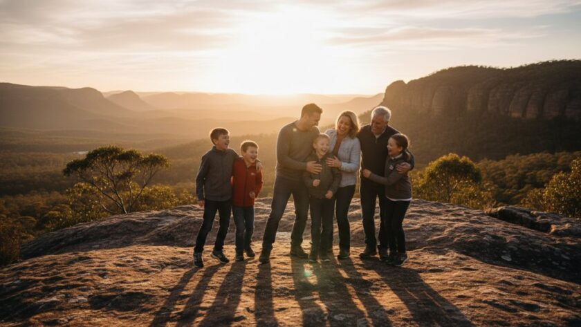 A heartwarming and authentic family photography session in Stawell Grampians, showing a family laughing joyfully amidst the stunning natural backdrop of the Grampians at sunset, capturing an epic moment of connection.