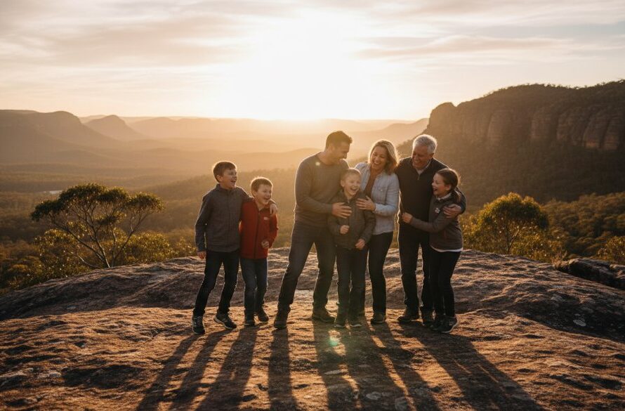 A heartwarming and authentic family photography session in Stawell Grampians, showing a family laughing joyfully amidst the stunning natural backdrop of the Grampians at sunset, capturing an epic moment of connection.