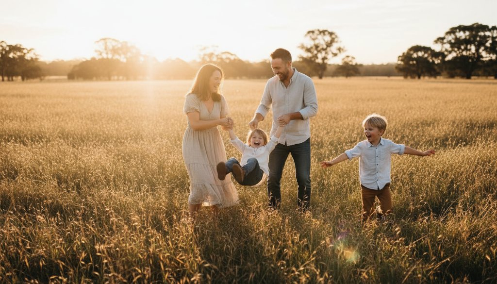 An authentic family photography Seymour Victoria portrait showing parents joyfully embracing their two young children amidst a golden hour field, backlit by the setting sun, evoking warmth and connection.