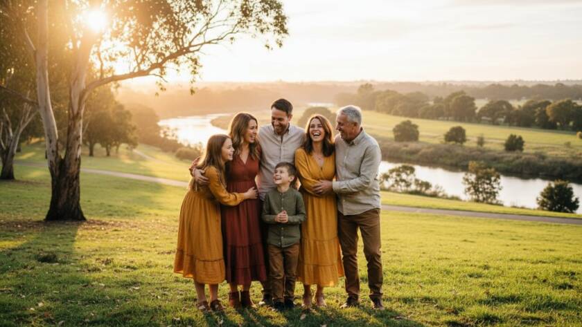 An emotional, warm-lit photograph showcasing authentic family photography Templestowe captures a joyous family embracing by a golden sunset over the Yarra River in Templestowe, reflecting genuine connection.