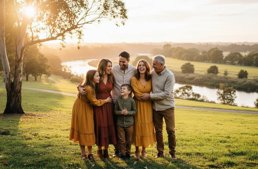 An emotional, warm-lit photograph showcasing authentic family photography Templestowe captures a joyous family embracing by a golden sunset over the Yarra River in Templestowe, reflecting genuine connection.