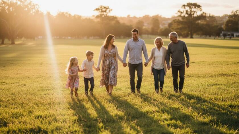 An authentic family photography Templestowe Lower portrait featuring a family laughing joyfully under dramatic golden hour light, set against the lush green backdrop of a local park, capturing a genuine, unposed interaction.