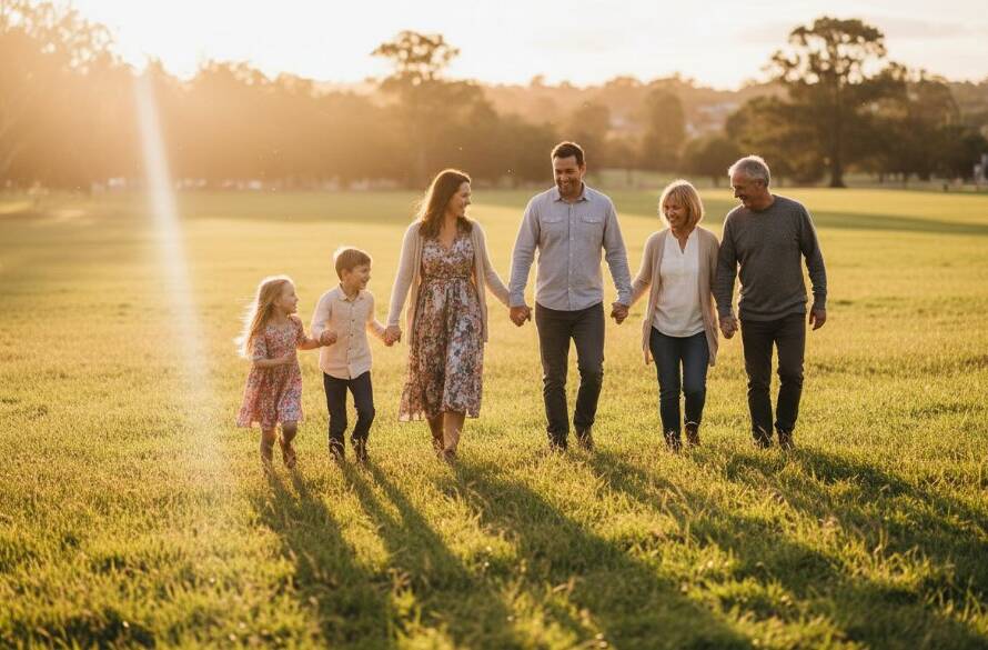 An authentic family photography Templestowe Lower portrait featuring a family laughing joyfully under dramatic golden hour light, set against the lush green backdrop of a local park, capturing a genuine, unposed interaction.