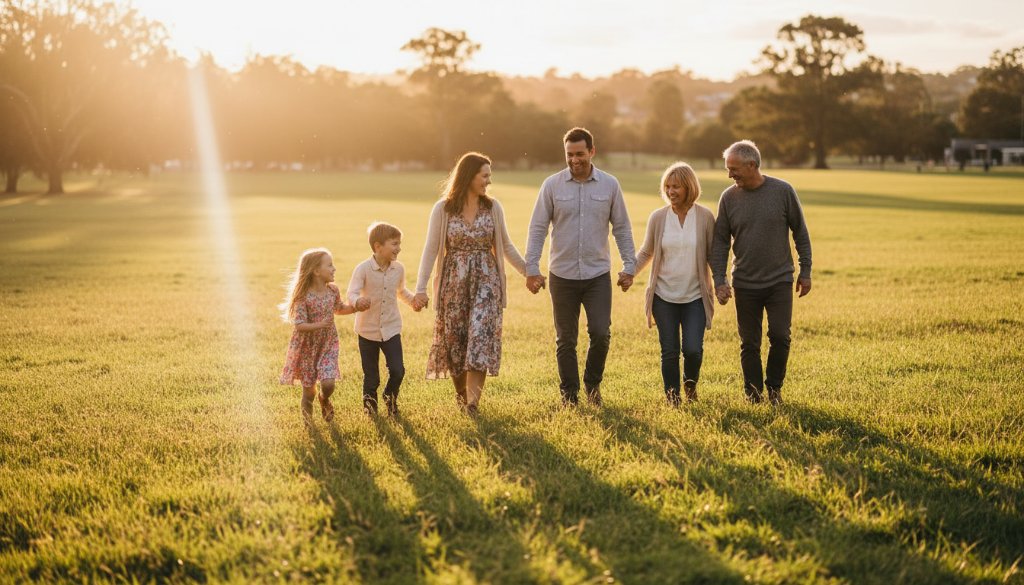 An authentic family photography Templestowe Lower portrait featuring a family laughing joyfully under dramatic golden hour light, set against the lush green backdrop of a local park, capturing a genuine, unposed interaction.