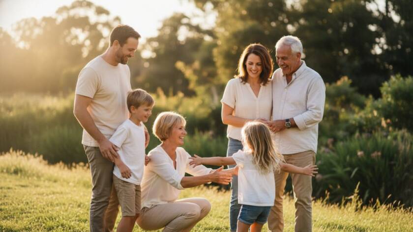 An authentic family photos Brookfield Victoria captured moment: A multi-generational family laughing joyously by the Werribee River in Brookfield at sunset, golden hour light illuminating their natural expressions, seen through a professional photographer's lens.