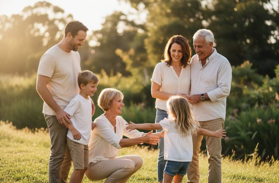 An authentic family photos Brookfield Victoria captured moment: A multi-generational family laughing joyously by the Werribee River in Brookfield at sunset, golden hour light illuminating their natural expressions, seen through a professional photographer's lens.