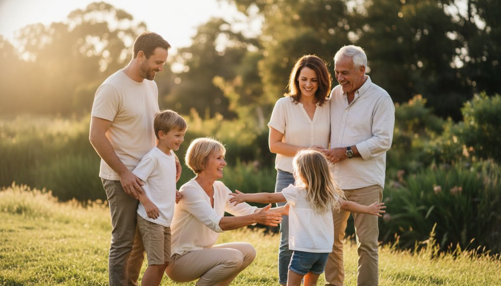 An authentic family photos Brookfield Victoria captured moment: A multi-generational family laughing joyously by the Werribee River in Brookfield at sunset, golden hour light illuminating their natural expressions, seen through a professional photographer's lens.