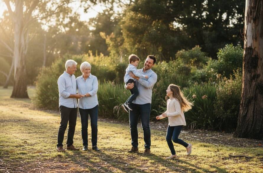 Joyful moment of a family laughing and embracing during an 'authentic family photos Heathmont lifestyle' session in a sun-dappled park, captured at golden hour with dramatic, warm lighting and rich colours.