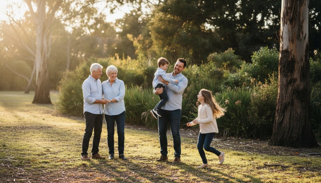 Joyful moment of a family laughing and embracing during an 'authentic family photos Heathmont lifestyle' session in a sun-dappled park, captured at golden hour with dramatic, warm lighting and rich colours.