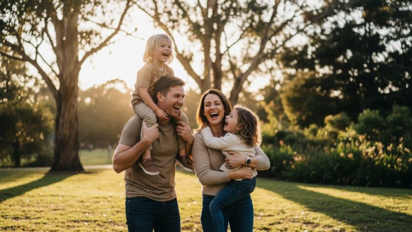An emotionally resonant and professionally colour-graded photograph capturing authentic family photos Herne Hill Victoria, with parents laughing candidly with their children in a sun-drenched, leafy park, dramatic golden hour lighting, cinematic composition.