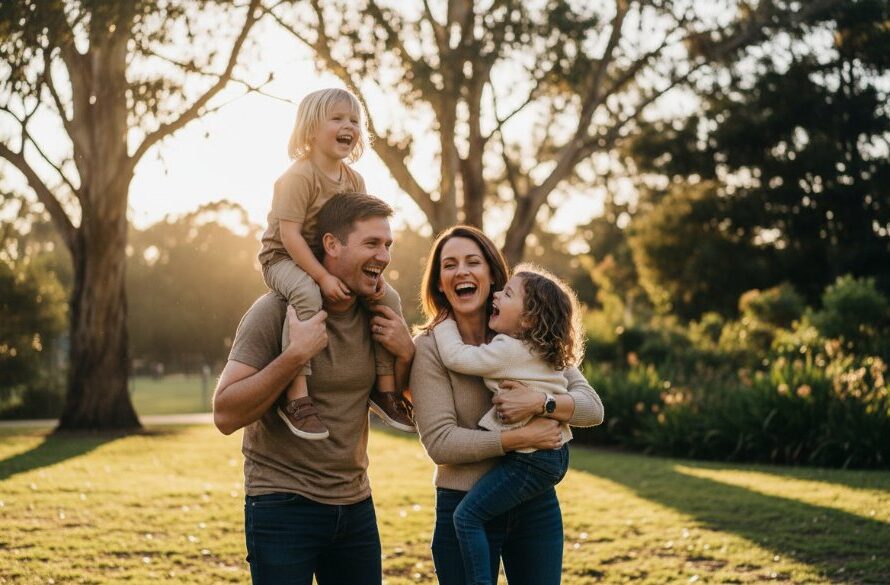 An emotionally resonant and professionally colour-graded photograph capturing authentic family photos Herne Hill Victoria, with parents laughing candidly with their children in a sun-drenched, leafy park, dramatic golden hour lighting, cinematic composition.