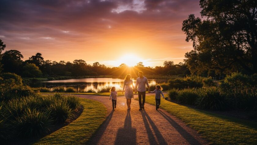 An epic, emotionally resonant photograph capturing authentic family photos Sale Victoria, showing a family silhouetted against a golden sunset at the Sale Botanic Gardens, laughing together as their child runs ahead on a path, professionally colour-graded with dramatic lighting.
