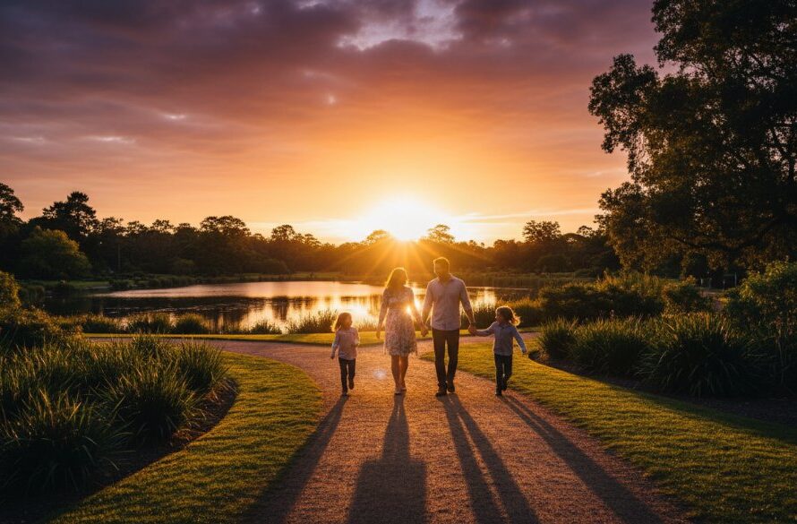 An epic, emotionally resonant photograph capturing authentic family photos Sale Victoria, showing a family silhouetted against a golden sunset at the Sale Botanic Gardens, laughing together as their child runs ahead on a path, professionally colour-graded with dramatic lighting.