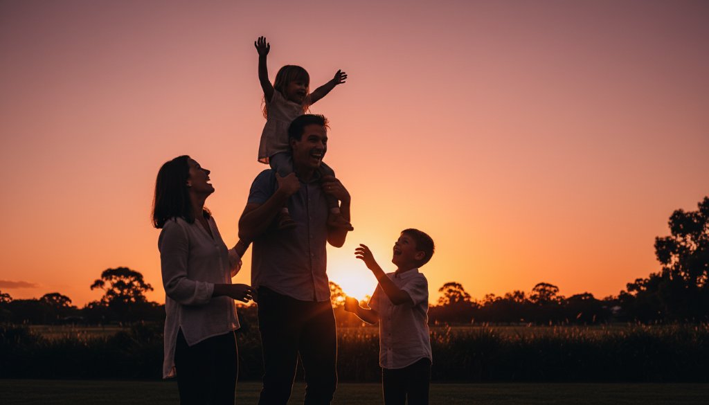 An authentic family photos Sunshine North moment, capturing a joyful family silhouetted against a golden sunset at Kevin Wheelahan Gardens, with children laughing as parents embrace them, showcasing professional and dramatic lighting.