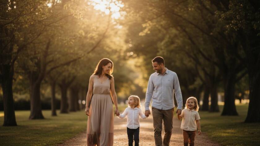 A stunning, sun-drenched photograph capturing authentic family photos Taylors Hill, with parents laughing candidly with their children amidst golden hour light in a local Taylors Hill park.