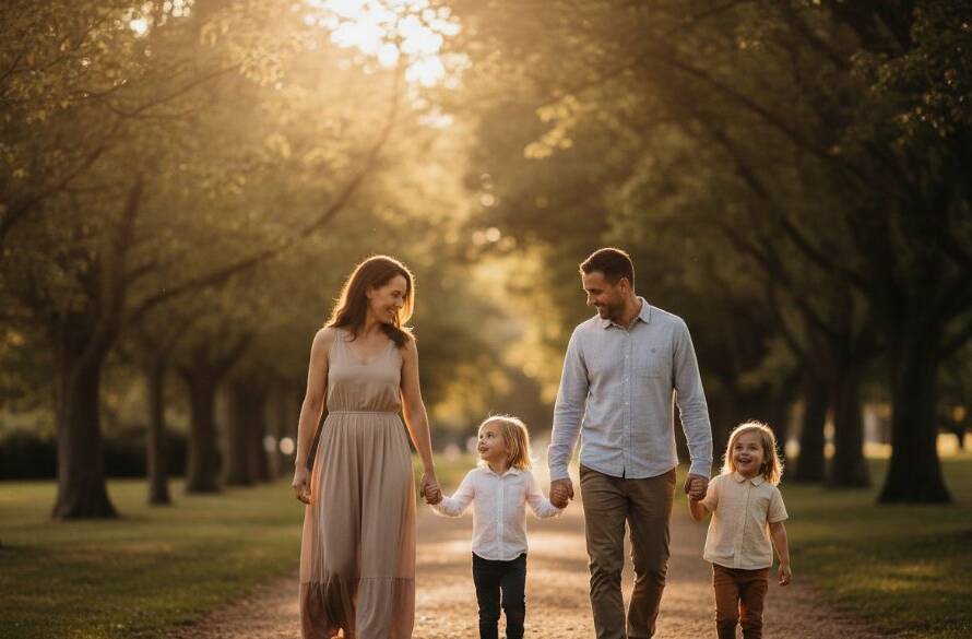 A stunning, sun-drenched photograph capturing authentic family photos Taylors Hill, with parents laughing candidly with their children amidst golden hour light in a local Taylors Hill park.