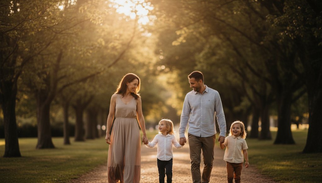 A stunning, sun-drenched photograph capturing authentic family photos Taylors Hill, with parents laughing candidly with their children amidst golden hour light in a local Taylors Hill park.