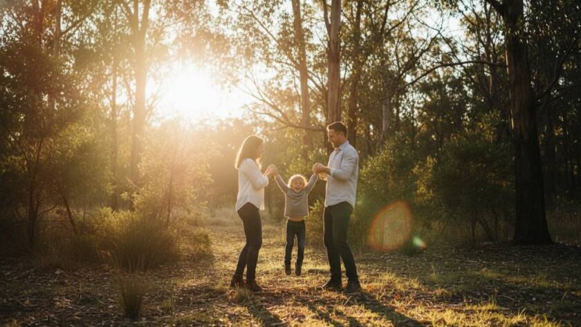 An epic moment of a family laughing joyfully, silhouetted by golden hour light in the dense Australian bushland of The Basin, Victoria, capturing authentic family photos The Basin bushland. The parents hold their child aloft, surrounded by towering eucalyptus trees.