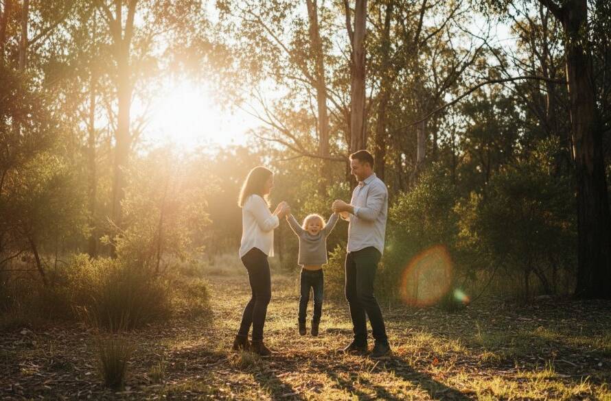An epic moment of a family laughing joyfully, silhouetted by golden hour light in the dense Australian bushland of The Basin, Victoria, capturing authentic family photos The Basin bushland. The parents hold their child aloft, surrounded by towering eucalyptus trees.