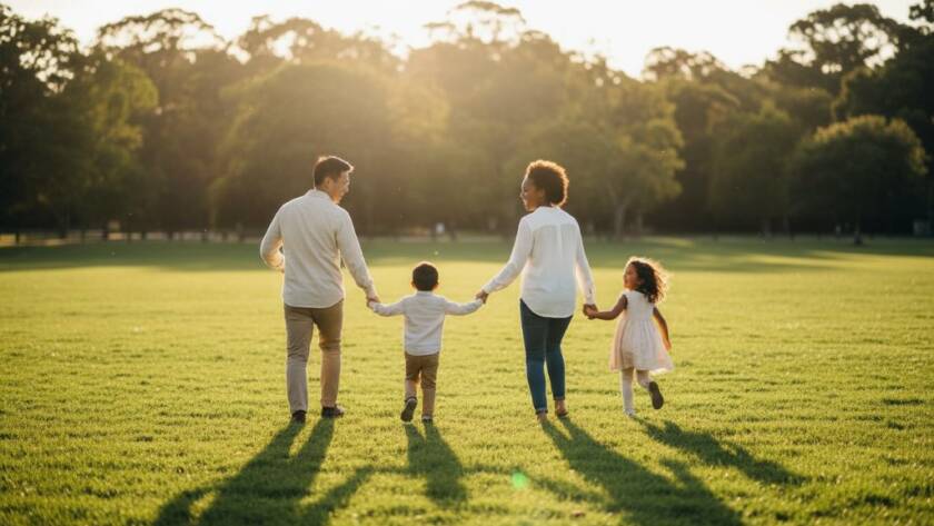 A heartwarming, sun-drenched scene showcasing authentic family photoshoots Bentleigh, with parents laughing and playing with their children in a local park, capturing a genuine moment of connection and joy.