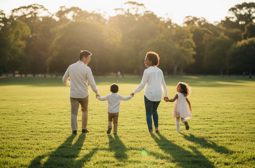 A heartwarming, sun-drenched scene showcasing authentic family photoshoots Bentleigh, with parents laughing and playing with their children in a local park, capturing a genuine moment of connection and joy.
