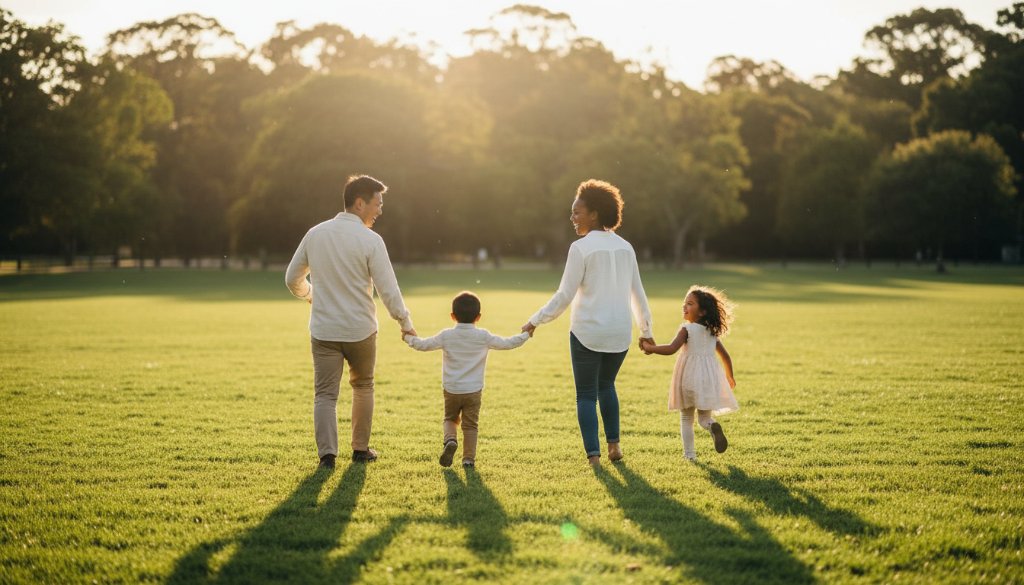 A heartwarming, sun-drenched scene showcasing authentic family photoshoots Bentleigh, with parents laughing and playing with their children in a local park, capturing a genuine moment of connection and joy.