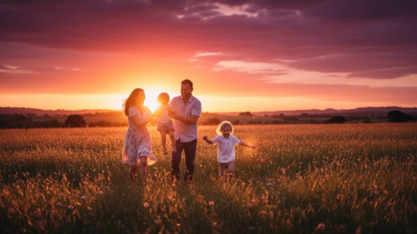 An authentic family photoshoots Warragul Victoria moment: a family laughing joyfully in a sun-drenched field at sunset, parents embracing children, showcasing the beautiful landscape of Warragul with dramatic golden light.