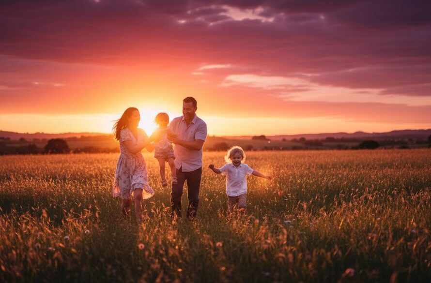 An authentic family photoshoots Warragul Victoria moment: a family laughing joyfully in a sun-drenched field at sunset, parents embracing children, showcasing the beautiful landscape of Warragul with dramatic golden light.