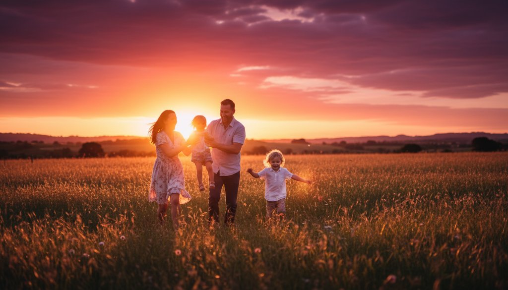 An authentic family photoshoots Warragul Victoria moment: a family laughing joyfully in a sun-drenched field at sunset, parents embracing children, showcasing the beautiful landscape of Warragul with dramatic golden light.