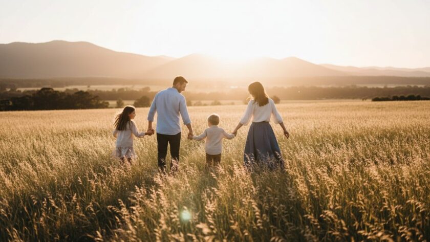 An epic moment of an Australian family laughing joyously amidst the golden light of a Woodend, Victoria outdoor setting, with children running ahead on a path, captured for authentic family portraits Woodend Victoria outdoor by a professional photographer.