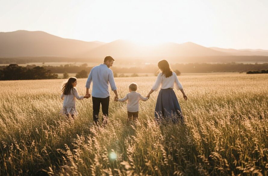 An epic moment of an Australian family laughing joyously amidst the golden light of a Woodend, Victoria outdoor setting, with children running ahead on a path, captured for authentic family portraits Woodend Victoria outdoor by a professional photographer.