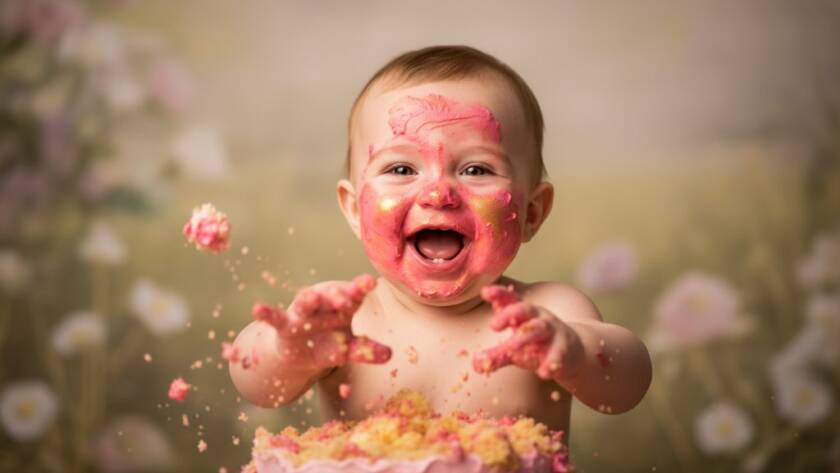 An epic moment of pure joy captured during authentic first birthday cake smash photography The Basin Melbourne, featuring a baby gleefully smashing a colourful cake, covered in icing, with dramatic studio lighting and a whimsical, dreamy background.